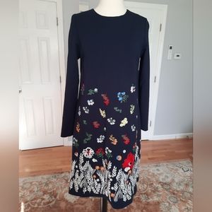 Elegant long sleeve floral embroidered A-line navy dress
